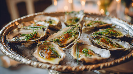 ostiones platter served with herbs on elegant candlelight dinner table