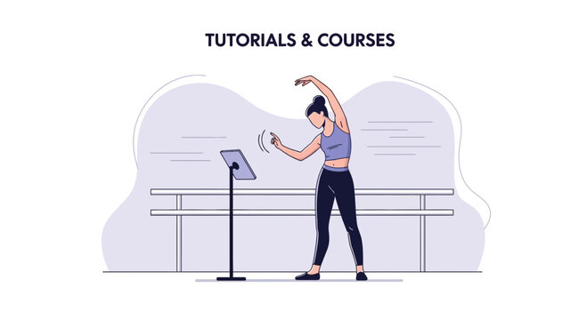 Online Fitness Tutorials Concept With Sporty Woman Stretching At Home