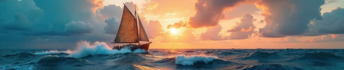Triumphant sailboat at sea under a dramatic sky, waves crashing against the hull, signifying victory and the power of nature , cresting, wind, success