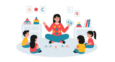 Teacher Reading Letters To A Group Of Diverse Young Children In Classroom