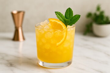  Bright yellow-orange tropical cocktail with crushed ice, served in a short glass on marble with soft natural light.
