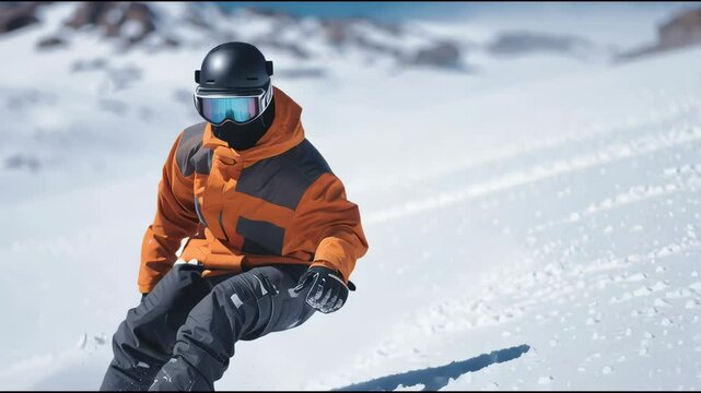 Snowboarding in bright orange jacket