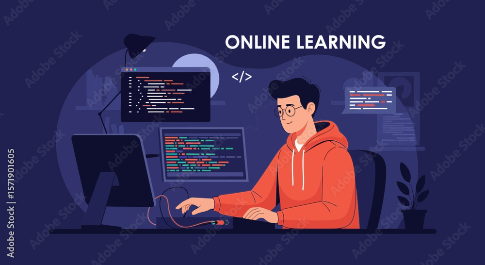 Poster young man coding from home with multiple monitors for online education
