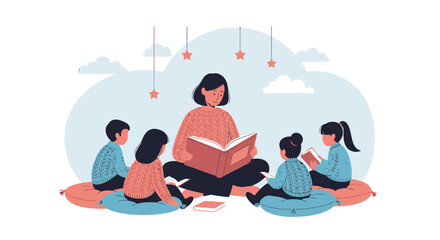 Teacher Reads To Group Of Children Classroom Storytelling Session