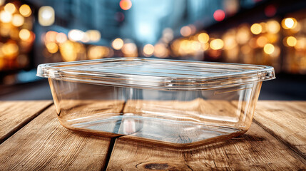 Transparent plastic food container on wooden table with blurred city lights background