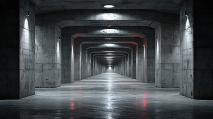 Dimly lit concrete tunnel with symmetrical columns and overhead lights, perspective view of gray ubderground parking or garage in minimalist style for background