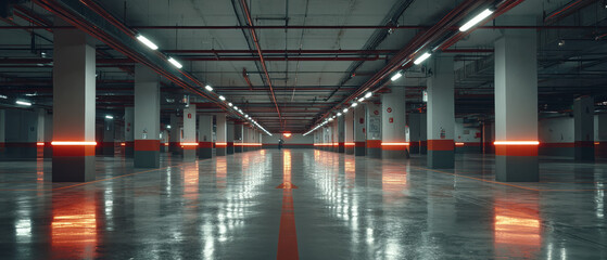 Spacious underground parking garage with bright overhead lights and reflective shiny floor in an industrial setting