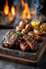 Delicious grilled barbecue ribs with chicken and roasted vegetables on hot stone, bbq and food theme