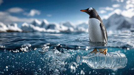 Gentoo penguin floating in ocean near plastic bottle in antarctic waters, global pollution and waste concept