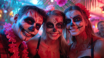 Group of smiling friends in dia de los muertos skull face paint celebrating at night, funny young people with makeup like zombie costumes on halloween party