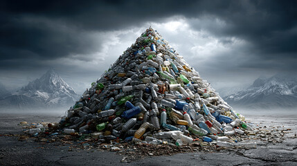 Massive pyramid of plastic waste in desolate landscape depicting environmental pollution crisis