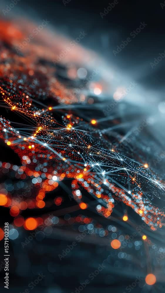 Poster an artistic interpretation of data exchange in a global network. featuring blurred digital nodes and