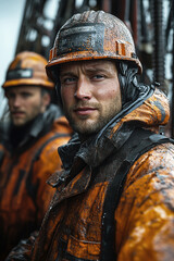 Weathered male workers in protective gear operating at oil rig on a rainy day with strong determination and focus