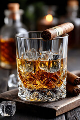 Elegant glass of whiskey with ice and cigar in sophisticated setting on wooden surface