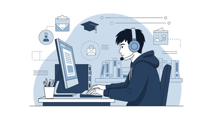 Young Man Works From Home Using A Computer And Headset