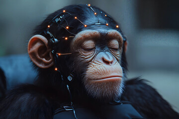 Chimpanzee with neural interface and closed eyes during research in scientific lab, ape and neurotechnology development, concept of experiment, mind, monkey.