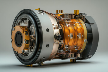 High-tech electric motor with copper coil and metallic components in detailed close-up view