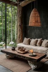 Cozy rustic living room with wooden coffee table and large window overlooking forest