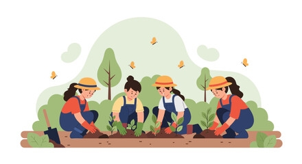 Fototapeta premium Teamwork And Gardening Girls Planting Seedlings In The Field With Butterflies