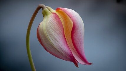 Delicate pink and yellow flower bud with soft lighting and blurred background