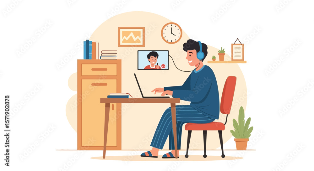Aufkleber man attending virtual meeting from home working remotely with technology