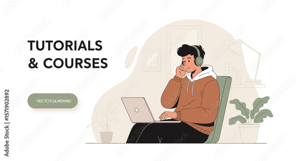 Poster man attending online tutorials and courses listening with headphones using laptop