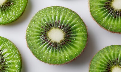 Fototapeta premium Green kiwi slices lie flat in a clean studio setting with soft, subtle shadows