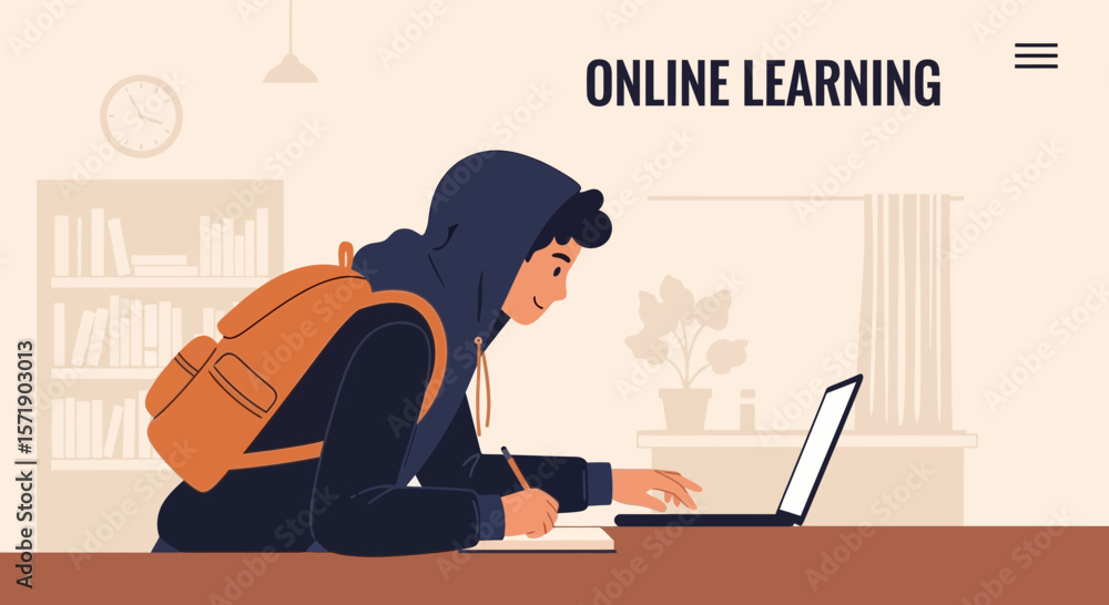 Poster young student attending online class, studying from home with computer