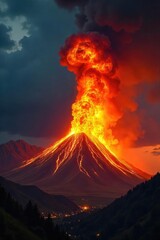Fototapeta premium A fiery inferno erupts, flames licking the sky, a powerful display of nature's raw energy Perfect for themes of power, destruction, passion, and the untamed wilderness , yellow, hellfire
