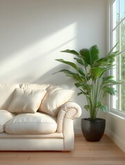 Morning light falls upon a modern living room's serene sofa corner