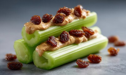 Celery sticks topped with peanut butter and raisins, a healthy treat