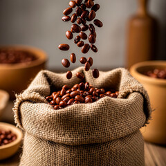  Carioca beans tumbling into a rustic cloth bag, ready for storage.