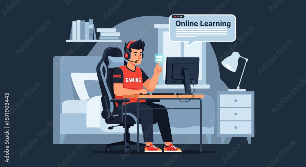 Poster man engaged in online education from home using computer in comfortable environment