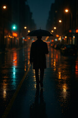 Mysterious figure walks with an umbrella on a rain-soaked city street at night, illuminated by glowing lights