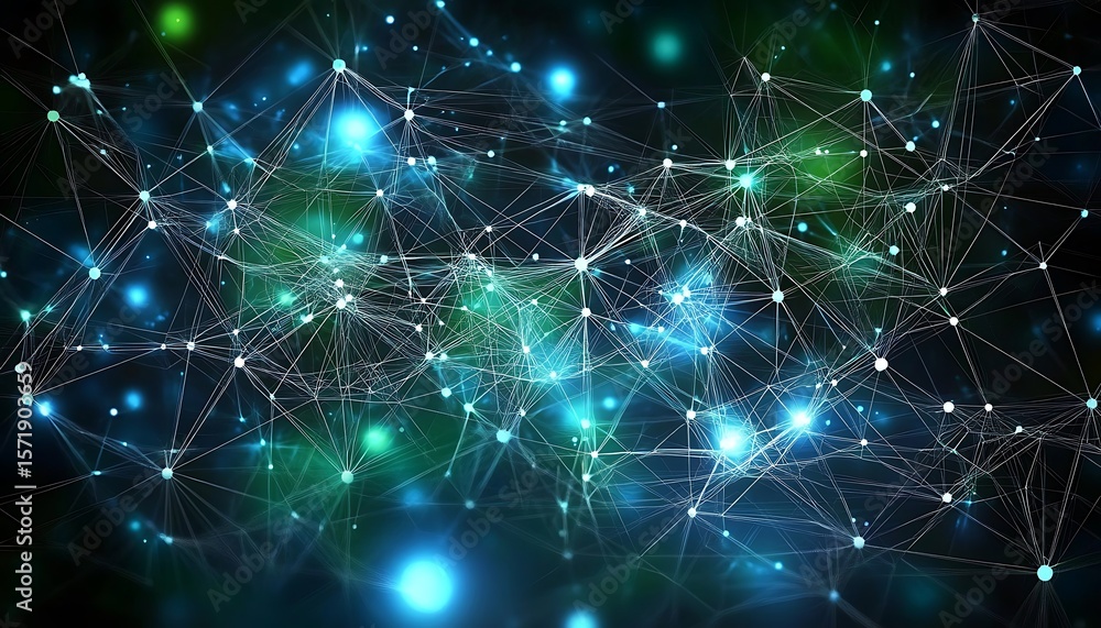 Poster abstract representation of network connections with glowing nodes and lines on a blue and green boke