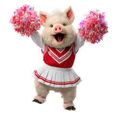 Cheerful pig mascot in red and white cheerleader uniform holding pom poms