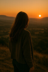 Sunset view from a hilltop with a person admiring the horizon in the evening glow