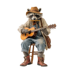 Raccoon in overalls and hat plays guitar and harmonica animal playing music