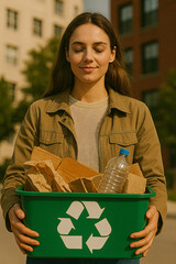 Woman holds recycling bin filled with paper and plastic while promoting environmental awareness in an urban setting