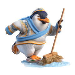 Cartoon penguin wearing cozy patterned winter clothes and a hat sweeping ice with a broom