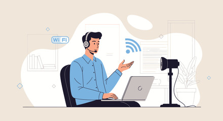 Man Giving Online Presentation With Laptop In Home Office With Wi-Fi