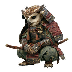Anthropomorphic owl warrior in traditional Japanese samurai armor seated with sword
