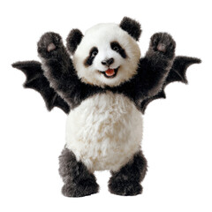 Fluffy panda with bat wings stands with arms raised joyfully animal cute