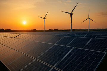 Renewable energy sources combine as solar panels and wind turbines capture sunlight and wind during sunset
