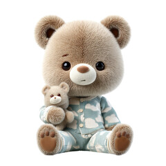 Fluffy teddy bear character in blue cloud pajamas holding a miniature bear