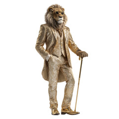 Dapper lion wearing a golden patterned tuxedo and sunglasses holds a cane