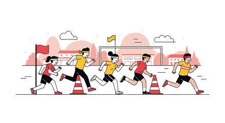 School Sports Day Illustration Race With Students Running Obstacles Course