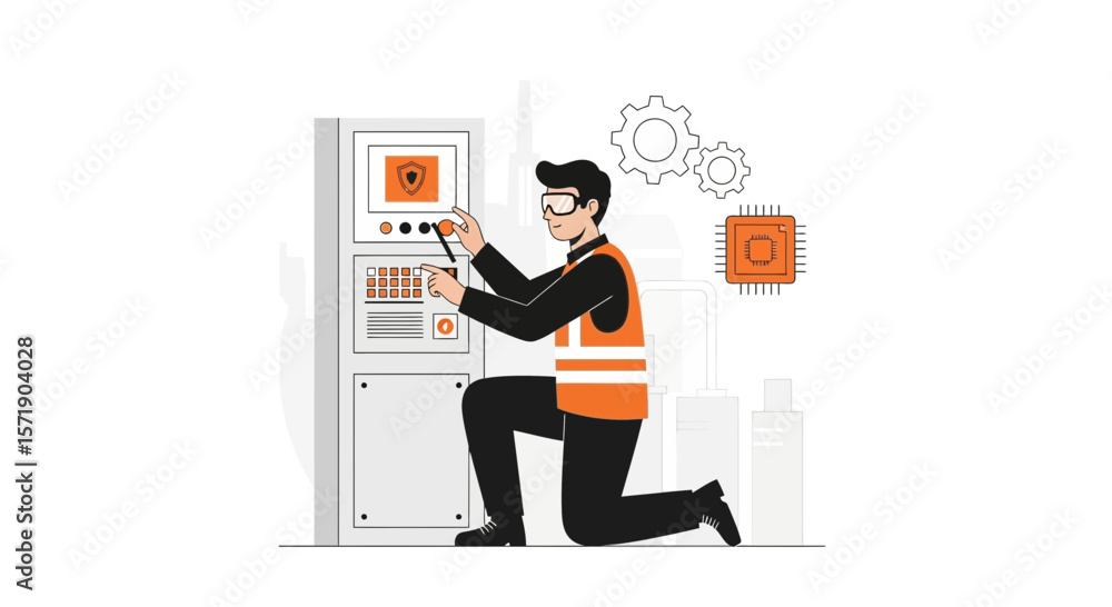 Poster man operates complex industrial machine for security management at factory