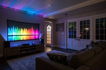 Immersive Home Theater Experience with Vibrant Rainbow Soundwave Display and Ambient Lighting