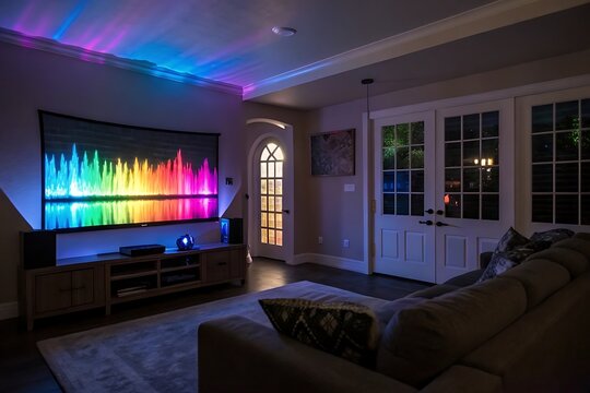 Immersive Home Theater Experience with Vibrant Rainbow Soundwave Display and Ambient Lighting